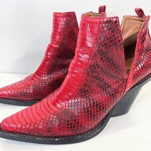 RED SNAKESKIN JEFFREY CAMPBELL X FREE PEOPLE ANKLE HEEL BOOTS